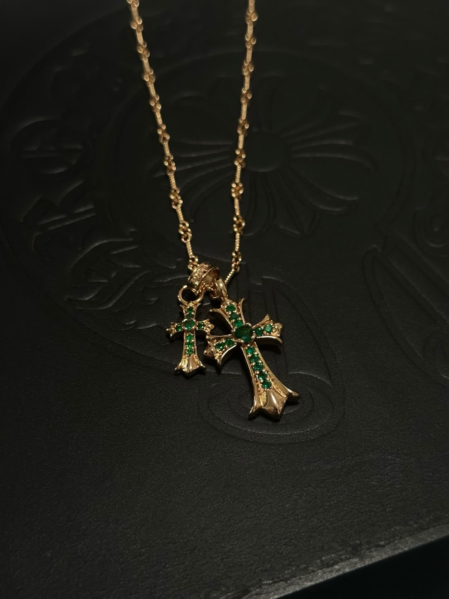 Chrome Hearts Gold Plated Rosary Necklace with Emerald Cross